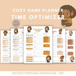 Op de afbeelding: Afdrukbare gameplanners met de tekst "COZY GAME PLANNER TIME OPTIMIZER". De pagina's bevatten een cartoonillustratie van een persoon met een koptelefoon. De woorden "9 PAGES" zijn ook zichtbaar.