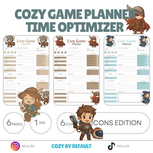 Può includere: Un pianificatore di giochi digitale con il testo "COZY GAME PLANNER TIME OPTIMIZER". Il pianificatore presenta illustrazioni di personaggi e sezioni per tenere traccia dei dettagli del gioco. Include 6 pagine, 1 PDF e 6 icone. Progettato per gli appassionati di giochi.