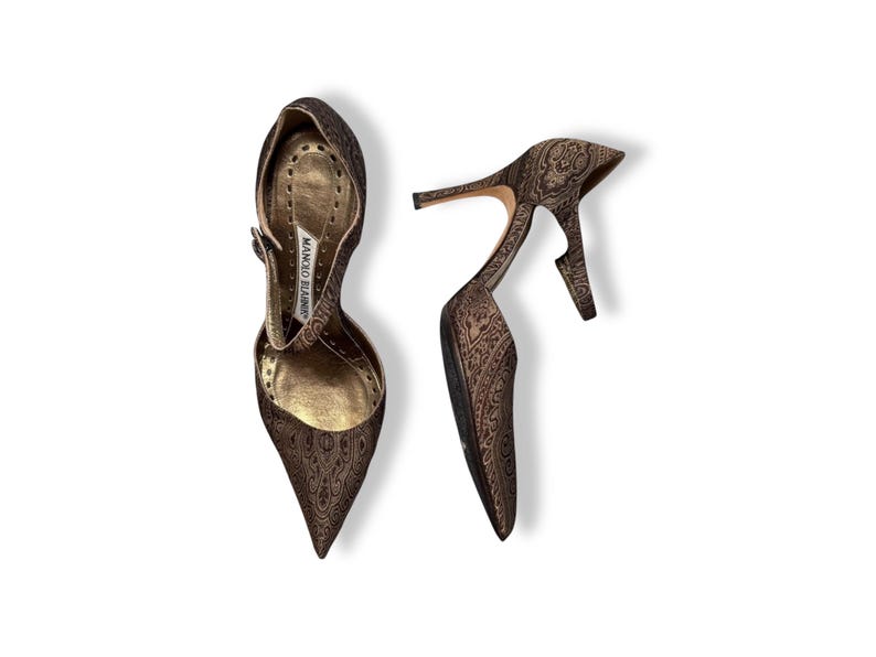 May include: A pair of brown high-heeled shoes with a pointed toe and ankle strap. The shoes feature a paisley pattern and a stiletto heel. The interior of the shoe is gold-toned, and the brand name "MANOLO BLAHNIK" is visible on the insole.