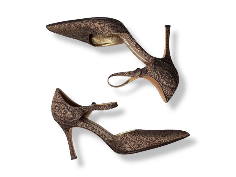 May include: A pair of brown high-heeled shoes with a pointed toe and ankle strap. The shoes have a paisley pattern in brown and gold. The heels are slender and the interior is gold.