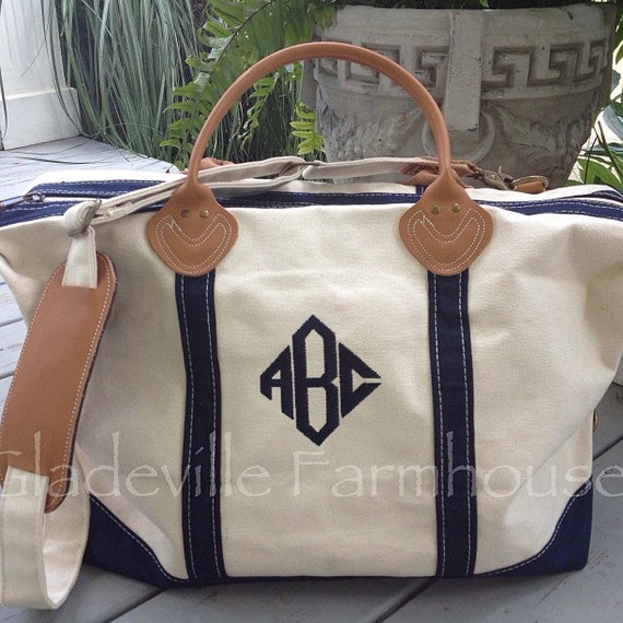 Items similar to Monogrammed Canvas Tote Duffel Bag with Leather Trim on Etsy
