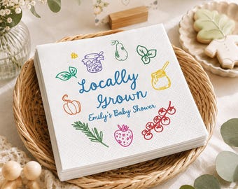 Personalized Locally Grown Baby Shower Napkins, Colorful Garden Baby Shower Decor, Vegetable Fruit Party Decor, Farmers Market Party Napkins