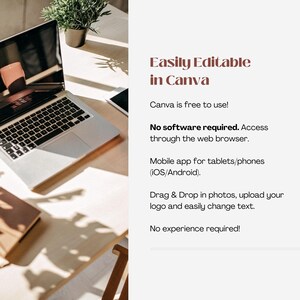 May include: A laptop computer on a wooden table with a plant in the background. The text on the screen reads "Easily Editable in Canva. Canva is free to use! No software required. Access through the web browser. Mobile app for tablets/phones (iOS/Android). Drag & Drop in photos, upload your logo and easily change text. No experience required!"