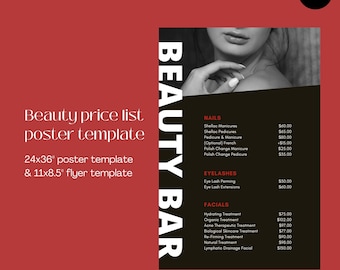 May include: Black and white image of a woman's face with the text "BEAUTY BAR" in large white letters. The image is a price list for beauty services, including nails, eyelashes, and facials. Prices are listed in US dollars.
