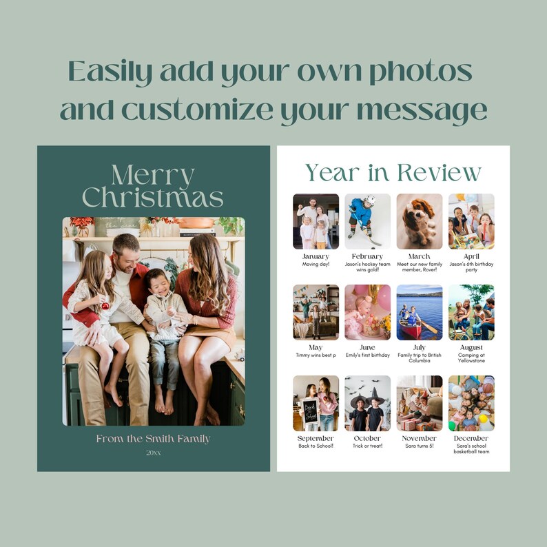May include: A green and white Christmas card with a photo of a family of four in a kitchen. The card says "Merry Christmas" and "From the Smith Family 2023". The card also includes a year in review section with photos from each month of the year.