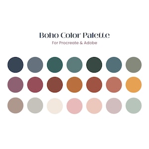 Puede incluir: Una paleta de colores boho con 18 colores diferentes en formato circular. Los colores están dispuestos en tres filas de seis colores cada una. Los colores son una mezcla de azules, verdes, marrones, naranjas, rosas y grises.