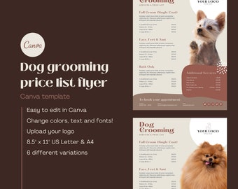 Dog grooming flyer and price list template, for dog groomer, daycare or any pet business. Menu design.  Canva Template.