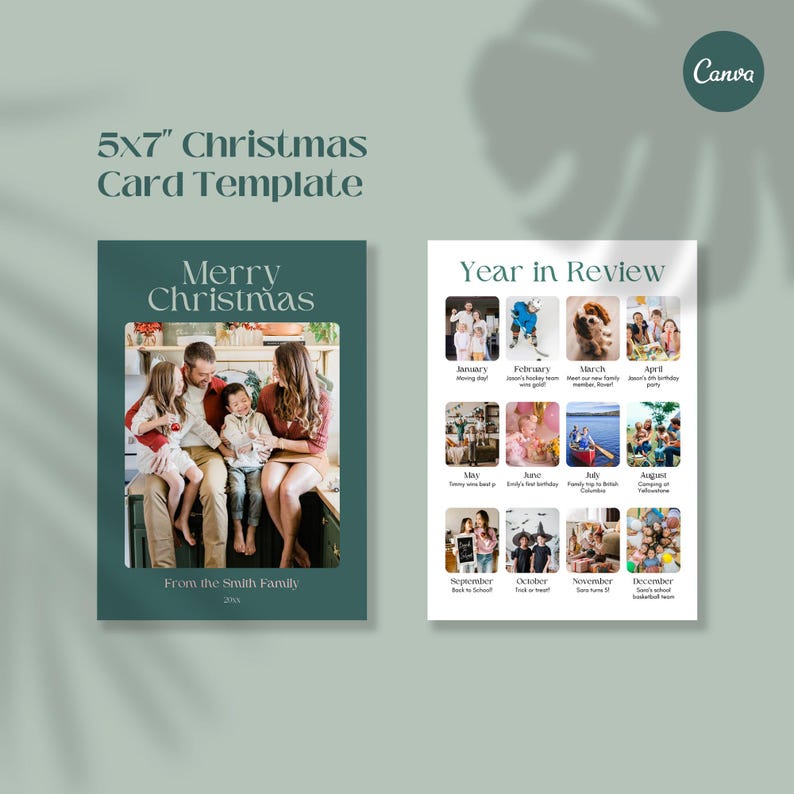 May include: A green and white Christmas card template with a photo of a family of four in the center. The text "Merry Christmas" is at the top of the card and "From the Smith Family 2023" is at the bottom. The right side of the card has a "Year in Review" section with 12 small photos representing each month of the year.