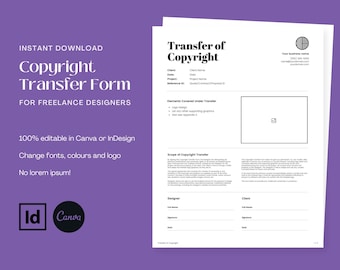 Logo copyright transfer form for freelance graphic and logo designers. Editable Canva & Indesign template.