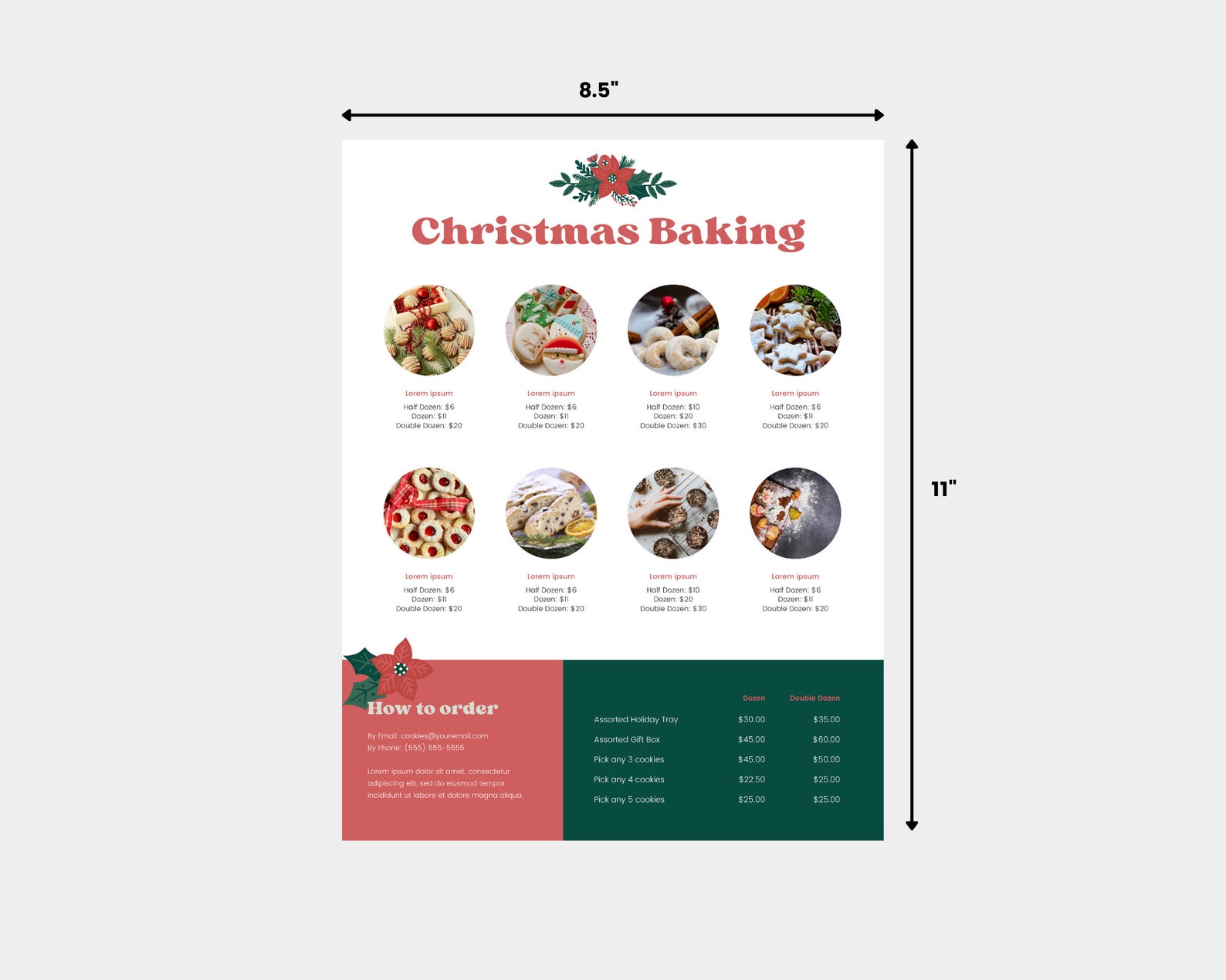 Christmas Bakery Price List / Line Sheet Flyer Template 8.5 X 11 Inches