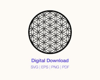May include: Black and white geometric design of a flower of life pattern inside a circle. Digital Download: SVG, EPS, PNG, PDF.