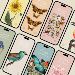 May include: A selection of smartphones with nature-themed wallpapers. The screens feature designs such as a sunflower, butterflies, a bird, and a flower. Each screen displays the time as 10:24 and the date as Tuesday, September 13.