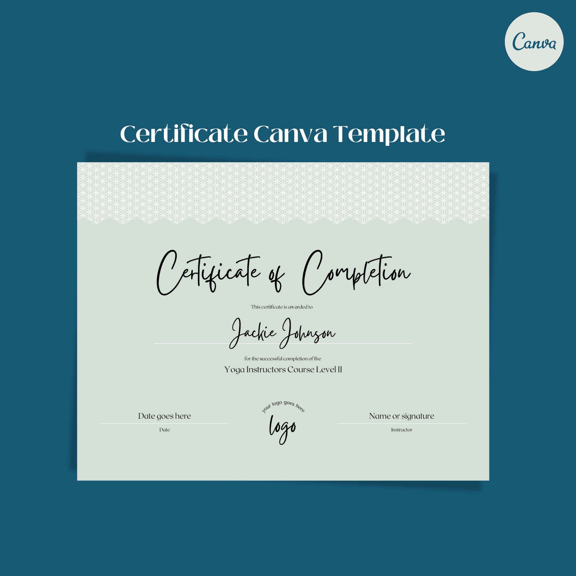 DIY certificate of completion template. Editable & printable yoga course certificate. Award Canva template.