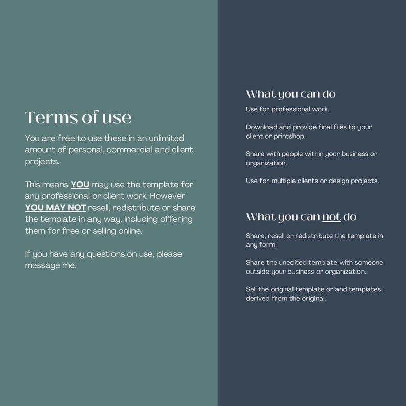 May include: A text-based graphic with a dark blue background and white text. The graphic outlines the terms of use for a digital template. The text states that the template can be used for personal, commercial, and client projects. The graphic also states that the template cannot be resold, redistributed, or shared in any way.