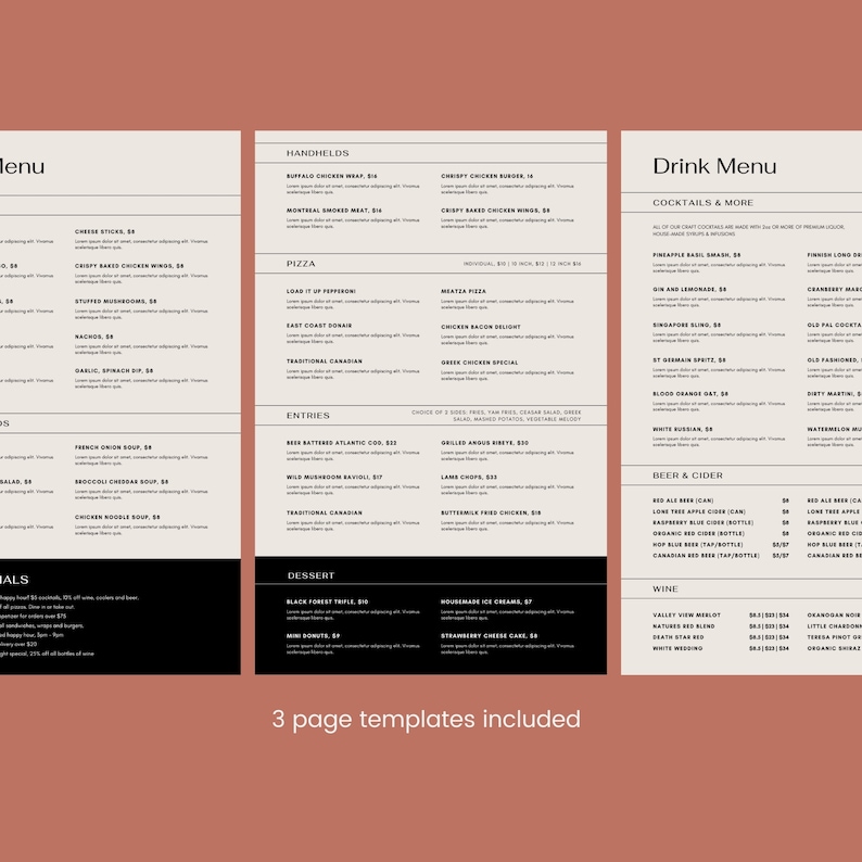 Restaurant Menu Template. Design Layouts for Food and Drink. 11x17 ...