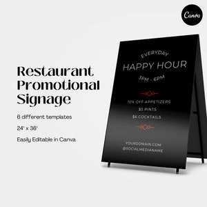 Szablon znaku dla restauracji, pubu lub kawiarni. 6 różnych wzorów plakatów. Szablon ma wymiary 24 x 36 cali, można go edytować w Canva.