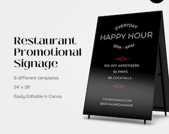 May include: Black A-frame sign with white text advertising a happy hour special at a restaurant. The sign reads "Everyday Happy Hour 3PM-6PM" and lists drink and appetizer specials. The sign is 24 inches by 36 inches and is easily editable in Canva.