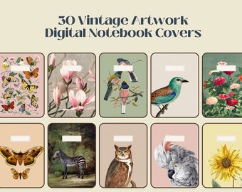 Digital Notebook Covers, Vintage Artwork Design. Flowers, Birds & Animals. For Goodnote, Notability.