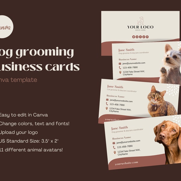 Business card template. For dog groomer, doggie daycare, puppy trainer or pet store. Editable Canva template.