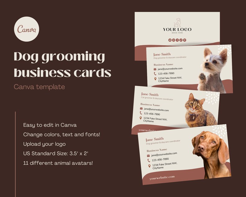 Business card template. For dog groomer, doggie daycare, puppy trainer or pet store. Editable Canva template. image 1