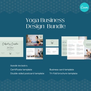 ヨガスタジオのマーケティング デザイン バンドル。Canva テンプレートには、名刺、ポストカード、三つ折りパンフレット、修了証書が含まれます。