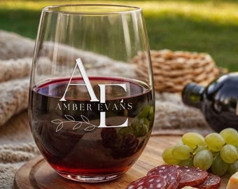 Personalized Stemless Wine Glass, Custom Monogram Gift, Bridesmaid, Mom, Wife, Friend, Wedding, Birthday, Milestone, Christmas Gift