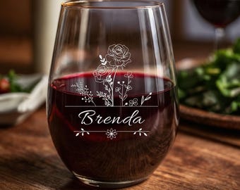Personalized Birth Flower Wine Glass, Custom Engraved Floral Stemless Glass