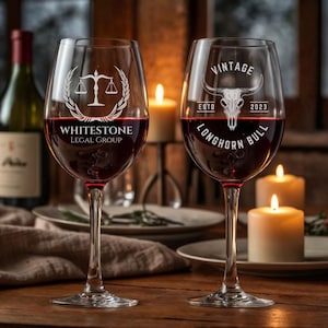 May include: Two wine glasses filled with red wine sit on a wooden table, with a bottle of wine in the background. One glass has the text "WHITESTONE LEGAL GROUP" and a scale of justice. The other glass says "VINTAGE LONGHORN BULL ESTD 2023".