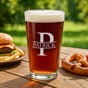 May include: A pint glass filled with beer and foam, with the name "Patrick" and the letter "D" in white. A hamburger and pretzel are on a wooden table. The background is blurred green.