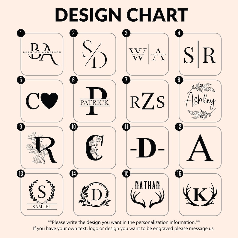 May include: A design chart featuring 16 different monogram and name options. The chart includes various fonts, initials, and decorative elements like floral designs and antlers. The text "DESIGN CHART" is at the top.
