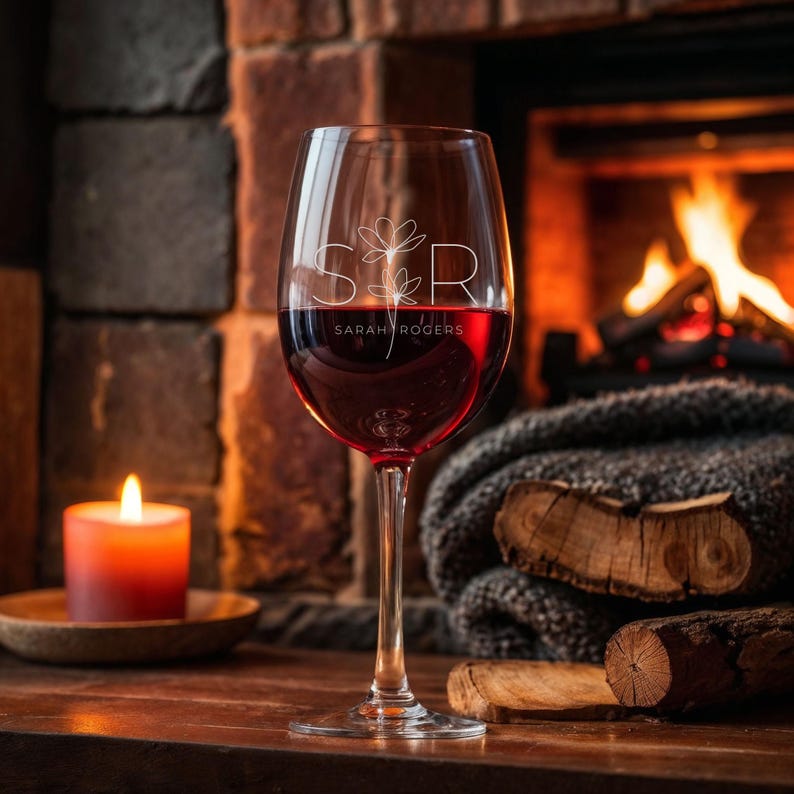 May include: A clear wine glass filled with red wine, featuring the initials "S & R" and a floral design. The name "Sarah Rogers" is printed below the initials. A lit candle and a fireplace with burning logs are in the background.