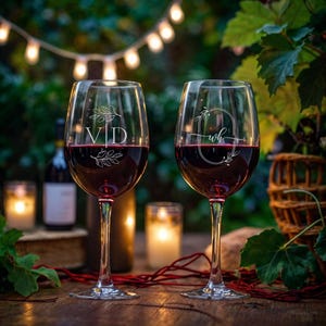 May include: Two wine glasses filled with red wine, each with a personalized design. One glass has "VD" and the other "wh" in a decorative font. The glasses are on a wooden table, with candles and greenery in the background.