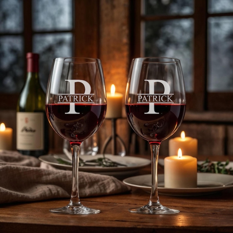 May include: Two wine glasses filled with red wine, each etched with the name "PATRICK" and a large letter "P". The glasses sit on a wooden table, with lit candles and a wine bottle in the background, creating a warm, inviting ambiance.