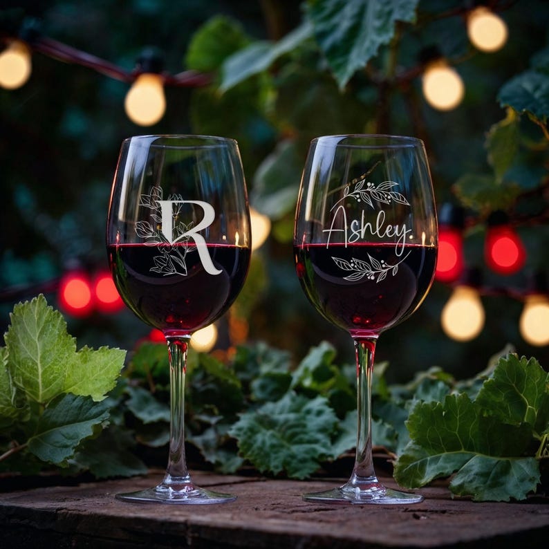 May include: Two stemmed wine glasses filled with red wine. One glass is etched with the letter "R" and floral accents, the other with the name "Ashley." The glasses sit on a wooden surface, with blurred greenery and string lights in the background.