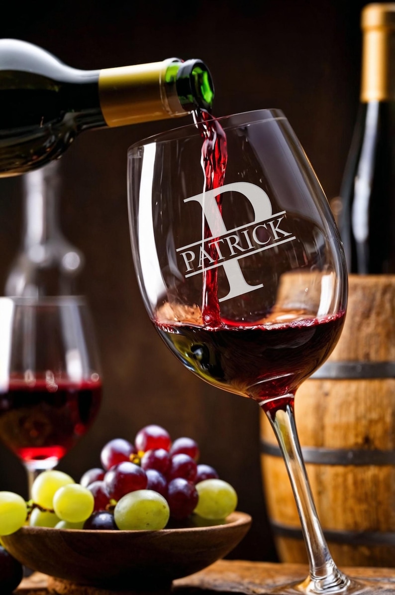 May include: A wine glass with the name "PATRICK" and a large "P" etched into the glass. Red wine is being poured into the glass from a bottle. Grapes are in a wooden bowl.