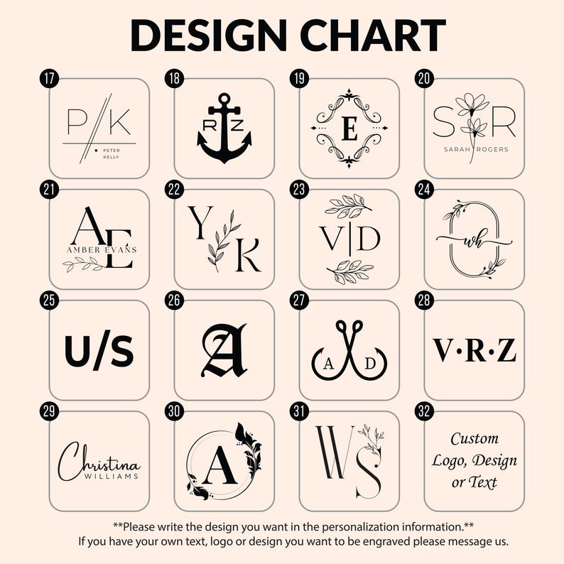 May include: A design chart featuring various monogram and logo options. The chart includes initials, anchor, floral, and custom logo designs. Text at the bottom encourages customers to specify their design choice or contact for custom engraving.