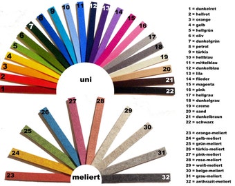 10 felt strips - 100 % wool - 32 colours - 3mm thickness - 29 mm wide and 30 cm long