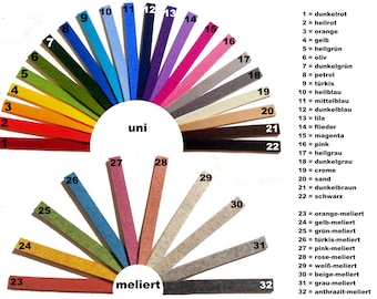 5 felt strips - 100 % wool - 32 colours - 3mm thickness - 29 mm wide and 30 cm long