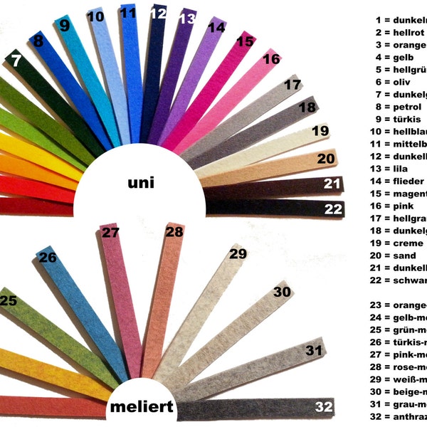 25 St. Filzstreifen Wollfilz 3mm - 25 mm breit und 25 cm lang - 32 Farben