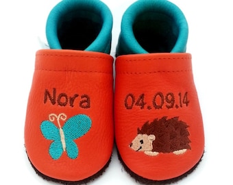TinyToes soft leather shoes - organic - butterfly and hedgehog - choose your motif and personalise them with your name