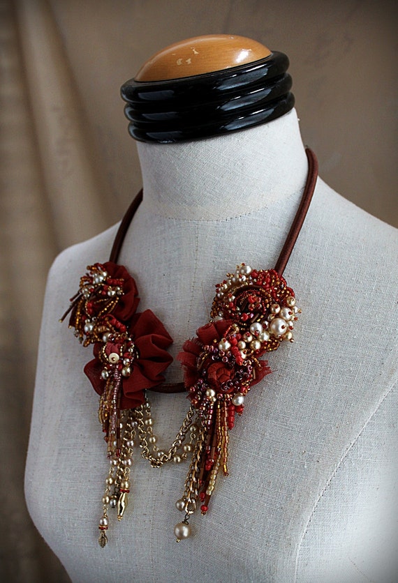 Items similar to SIENNA Rust Red Gold Mixed Media Statement Necklace on ...