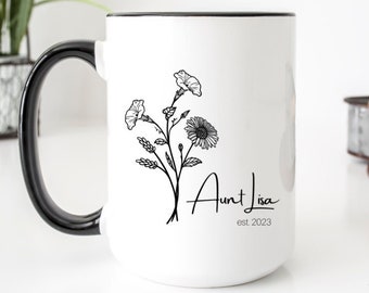 Personalized Coffee Mug, Custom Aunt Name Mug, Aunt Birthday Gift, Est 2023, Bae Mug, Pregnancy Announcement Cup, Soon To Be Auntie Gift