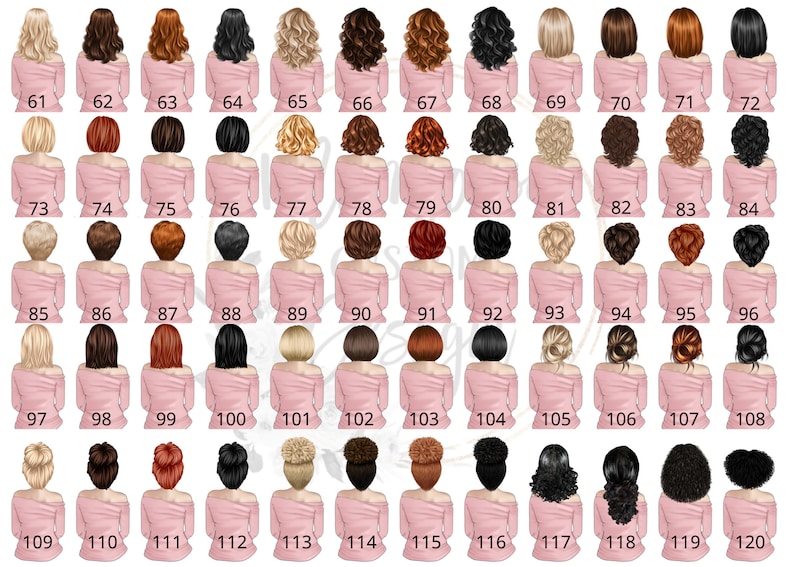 Peut inclure: Un ensemble de 120 illustrations num&eacute;riques de femmes avec diff&eacute;rentes coiffures et couleurs de cheveux. Les illustrations sont de style cartoon et sont parfaites pour une utilisation dans des projets num&eacute;riques.