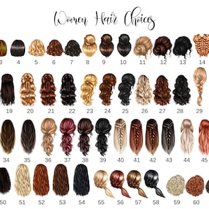 May include: A chart of 62 different hairstyles for women. The hairstyles are numbered 1 through 62. The hairstyles are all different colors and styles.