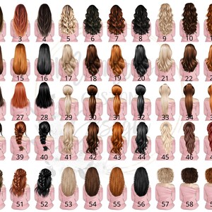 Peut inclure: Un tableau de 60 coiffures diff&eacute;rentes pour femmes, chaque coiffure &eacute;tant num&eacute;rot&eacute;e. Les coiffures sont toutes de couleurs et de styles diff&eacute;rents, y compris lisses, boucl&eacute;es, ondul&eacute;es et tress&eacute;es.