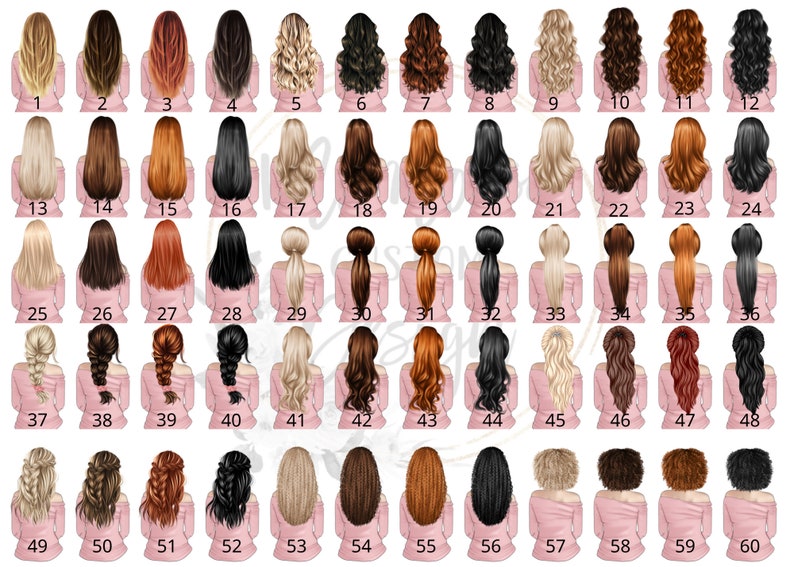 Peut inclure: Un tableau de 60 coiffures diff&eacute;rentes pour femmes, chaque coiffure &eacute;tant num&eacute;rot&eacute;e. Les coiffures sont toutes de couleurs et de styles diff&eacute;rents, y compris lisses, boucl&eacute;es, ondul&eacute;es et tress&eacute;es.