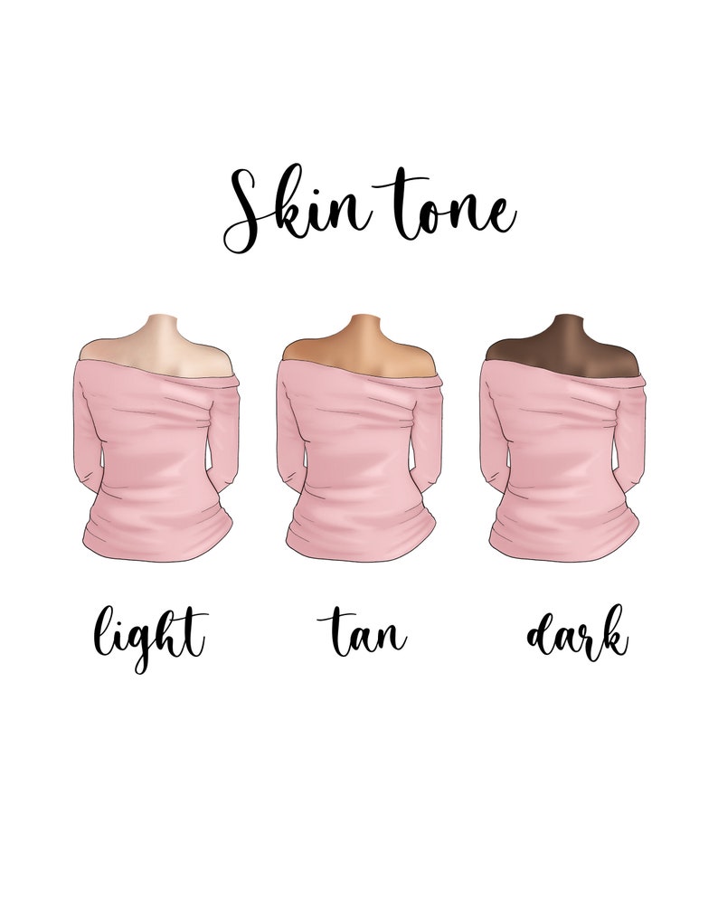 May include: Three illustrations of a person's back, wearing a pink off-the-shoulder top, with different skin tones: light, tan, and dark. The text "Skin tone" is above the illustrations, and the words "light", "tan", and "dark" are below the illustrations.