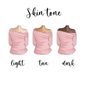 May include: Three illustrations of a person's back, wearing a pink off-the-shoulder top, with different skin tones: light, tan, and dark. The text "Skin tone" is above the illustrations, and the words "light", "tan", and "dark" are below the illustrations.