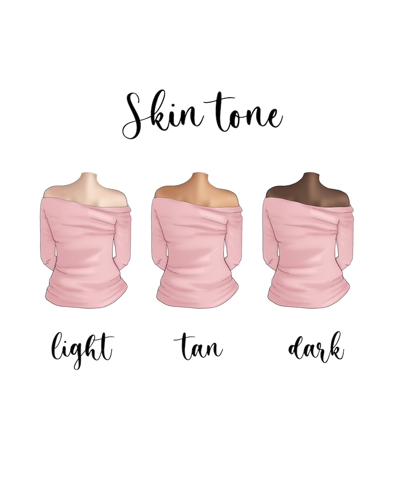 May include: Three illustrations of a person's back, wearing a pink off-the-shoulder top, with different skin tones: light, tan, and dark. The text "Skin tone" is above the illustrations, and the words "light", "tan", and "dark" are below the illustrations.