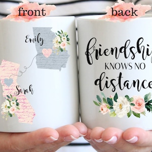 Friendship Knows No Distance Coffee Mug, Custom Sister Moving Gift, Long Distance Mugs, State To State, Best Friends Mugs, Bestie Going Away